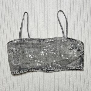 Zara Glittering Silver Sequin Crop Top